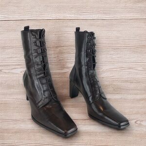 Etienne Aigner Dark Brown Leather Lace-up Victorian Style Heeled Boots Sz 8.5